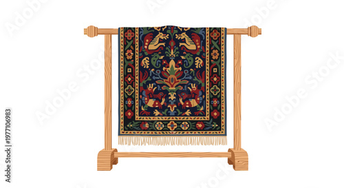 An ornate traditional rug featuring intricate dragon motifs and vibrant floral patterns hangs elegantly from a sturdy light-colored wooden display stand frame.
