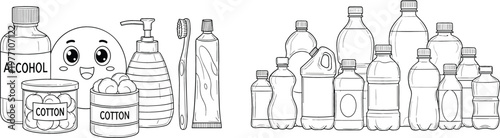 Hand Drawn Hygiene Supplies and Plastic Bottle Packaging Vector Set with Alcohol Cotton Dispenser Toothpaste and Assorted Container Collection