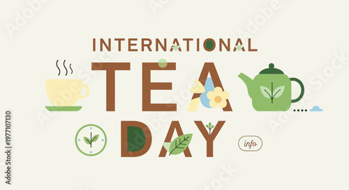 Detailed International Tea Day Illustration with Teapot, Green Leaves, Clock, and Info Elements on Light Beige Background