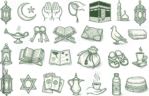 Hand-Drawn Islamic Ramadan Icons for Festive Celebrations. Hajj Islamic Religion icon hand drawn illustration