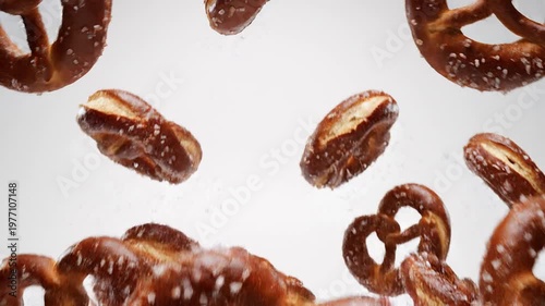 Deliciously Salty Pretzels Falling in Mid-Air, A Wholesome Snack Delight Captured in a Studio Shot