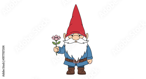 A charming garden gnome character wearing a tall pointed red hat and a blue tunic stands while holding a small pink flower on a white background.