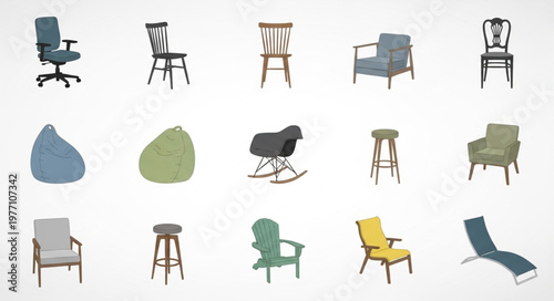 Collection of diverse chairs and seating furniture items.