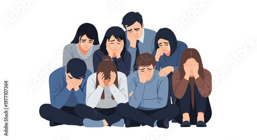 A somber group of diverse men and women sit together on the ground while expressing deep sadness and grief through crying and covering their faces.