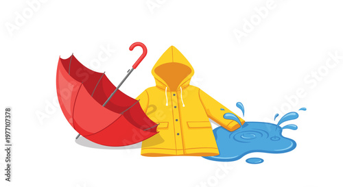 A vibrant yellow hooded raincoat stands beside a large open red umbrella next to a bright blue rain puddle with dynamic water splashes on white.