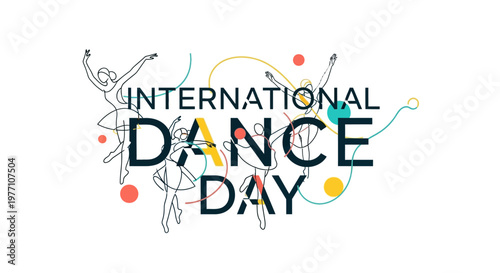 International Dance Day celebration with abstract dancing figures and colorful elements on an isolated white background.