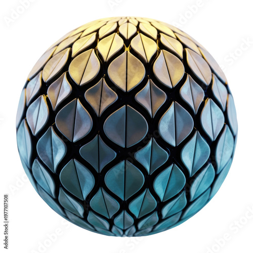 Hyper-detailed abstract sphere, creamy white scales, dark outlines, warm yellow/cool blue lighting, transparent background, intricate bio-mechanical concept.