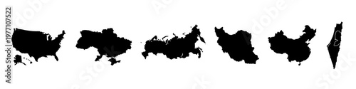 Countries silhouette. USA, Russia, Ukraine, China, Taiwan, Iran, Israel