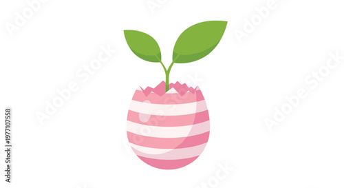 A tiny green sprout with two leaves emerges from the center of a cracked pink and white striped decorative eggshell against a simple white background.