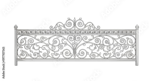 Ornate Wrought Iron Fence Panel Decorative Scrollwork Line Drawing Isolated on White Background