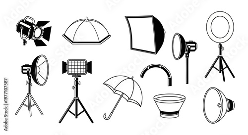 Photography Studio Equipment Set with Camera Lights Softbox Tripod and Accessories Line Drawing Isolated on White
