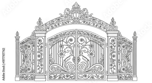 Ornate Wrought Iron Gate Vintage Decorative Entrance Line Art Illustration
