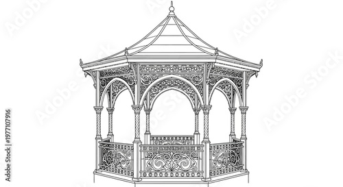 Elegant Vintage Gazebo Pavilion Detailed Line Art Architectural Illustration