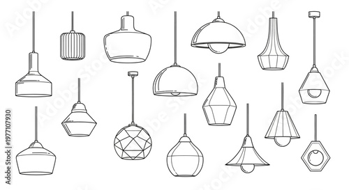 Modern Pendant Lights Collection Line Art Hanging Lamp Set Vector Illustration