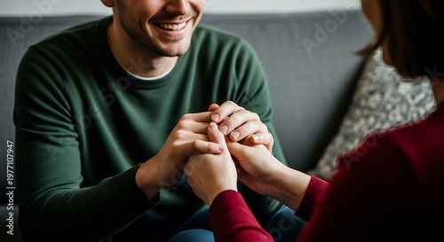 Couple Holding Hands and Smiling on Sofa.