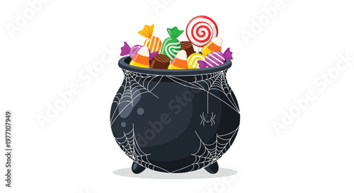 A mysterious black cauldron adorned with intricate white spider webs is filled with a delightful assortment of halloween candies including lollipops.