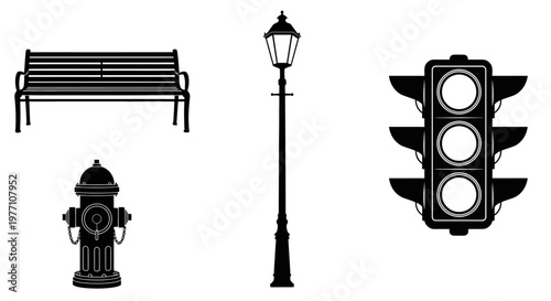 Urban Street Icons Bench Lamp Post Fire Hydrant and Traffic Light Silhouette Set