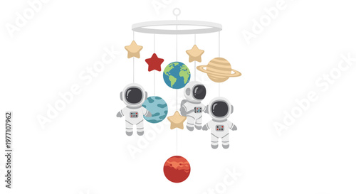 A charming celestial baby mobile features three tiny astronauts floating gracefully among colorful planets and golden stars suspended from a white frame.