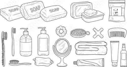 Hand Drawn Personal Hygiene and Bathroom Essentials Vector Set with Soap Toothbrush Bottles Mirror Comb Toothpaste and Skincare Accessories
