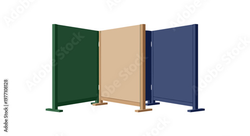 A functional three-panel folding room divider with distinct green tan and navy blue sections stands prominently against a clean white studio background.
