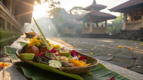 Traditional indian temple food offering with vibrant colors and fresh ingredients placed on banana leaves in serene temple courtyard at sunrise