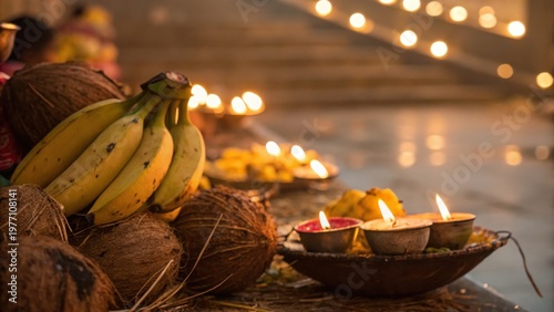 Indian temple food offering with bananas and coconuts near lit oil lamps creating warm festive atmosphere