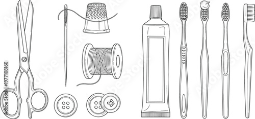 Hand Drawn Sewing and Personal Hygiene Tools Vector Set with Scissors Needle Thread Buttons Toothpaste Toothbrushes and Daily Care Accessories