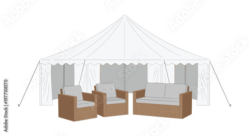 A spacious white event marquee tent stands elegantly behind a set of brown wicker patio furniture in an outdoor garden setting under bright daylight.
