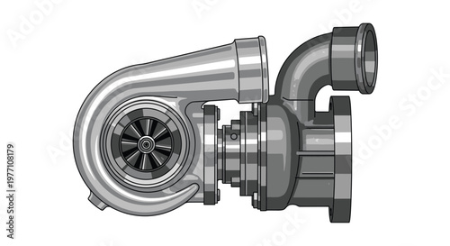 A meticulous grayscale illustration depicts a powerful automotive turbocharger for high-performance engine systems using a clean monochromatic color motif.
