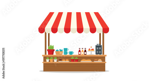 A charming wooden market stall with a vibrant red and white striped awning displays an assortment of potted plants, glass bottles, and fresh baked goods.