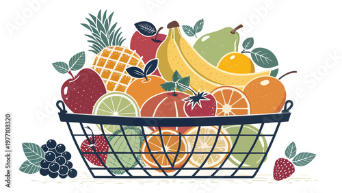 Fresh fruit basket with assorted colorful fruits and leaves on white background for healthy nutrition concepts