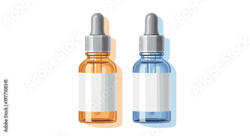 Two translucent glass dropper bottles in amber and blue hues stand side-by-side featuring blank white labels and grey rubber caps on a white background.