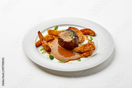 Fotografie Grilled beef tenderloin steak with rich peppercorn sauce and crispy potato wedges on a white plate