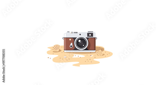 A classic vintage film camera with brown leather accents rests peacefully on a small mound of tan sand decorated with several delicate white seashells.