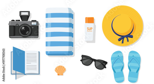 A comprehensive flat lay composition of summer vacation essentials features a camera, blue striped towel, sunscreen, straw hat, book, and sunglasses.
