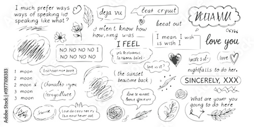 A collection of hand drawn doodle sketches featuring various handwritten quotes and floral motifs