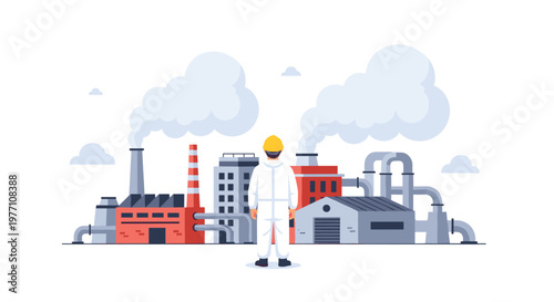 A worker wearing a white protective suit and a yellow hard hat stands before a sprawling industrial factory complex emitting thick plumes of white smoke.