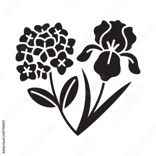Black and white illustration of irises and forget me nots in bloom