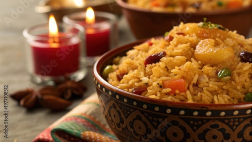Indian rice dish served in decorated bowl with spices and candles creating warm ambiance near Indian temple food setting
