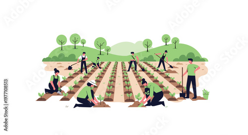 A diverse group of hardworking agricultural laborers in green shirts and black pants meticulously tend to rows of young green plants in a vast open field.