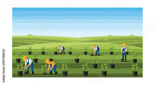 Several professional environmental workers wearing yellow hardhats and blue overalls plant young saplings in black pots across a sprawling green hilly landscape.
