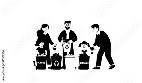 Family recycling waste segregation concept with eco friendly lifestyle and clean environment isolated on white background vector