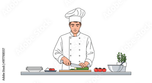 An expert male chef wearing a classic white hat and uniform carefully slices a fresh zucchini on a wooden board within a bright professional kitchen.
