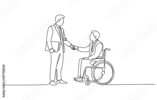 Business handshake between a man in a wheelchair and standing businessman with handshake business agreement partnership wheelchair disability inclusion diversity collaboration professional