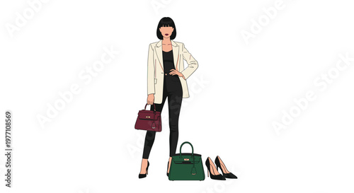 A sophisticated woman dressed in a chic cream blazer and black outfit poses elegantly with a luxury maroon handbag and stylish designer accessories.