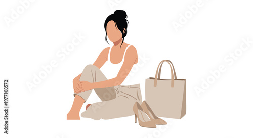 A graceful faceless woman sits comfortably on the floor wearing a simple white tank top and beige trousers beside a large matching designer tote bag.
