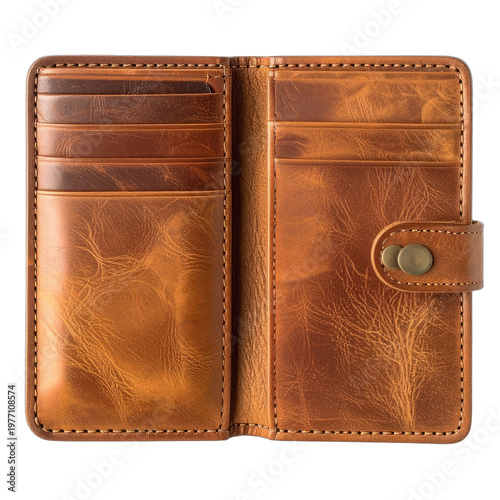An open view of a richly textured brown leather wallet or journal cover, featuring multiple card slots and a unique brass button closure.
