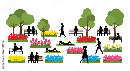 Various black silhouettes of people enjoy a sunny day in a public park filled with vibrant red yellow and pink flower beds and many lush green trees.