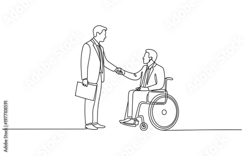 Business handshake between a man in a wheelchair and standing businessman with handshake business agreement partnership wheelchair disability inclusion diversity collaboration professional