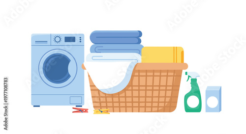 A modern blue front-loading washing machine stands next to a full wicker laundry basket accompanied by green detergent spray and a blue soap box on white.